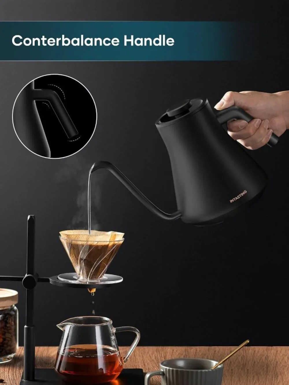 Precision Gooseneck Electric Kettle with ±1℉ Temperature Control, 0.9L, Black